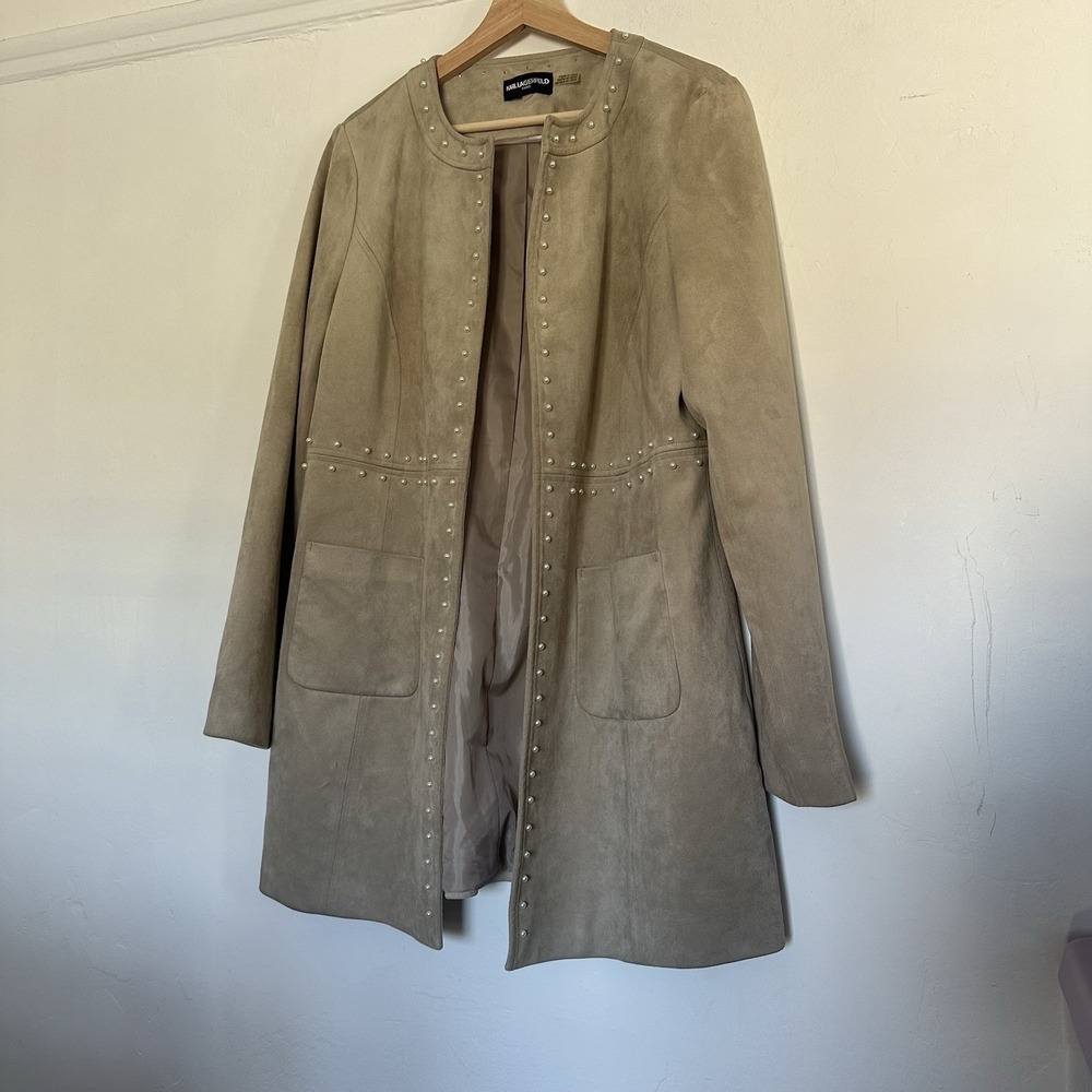 Karl Lagerfeld Paris Faux Suede Pearl Embellished Beige Tan Designer Jacket L XL